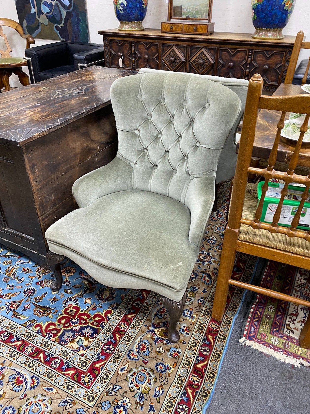 A pair of Victorian style upholstered spoon back chairs, width 63cm, depth 58cm, height 84cm